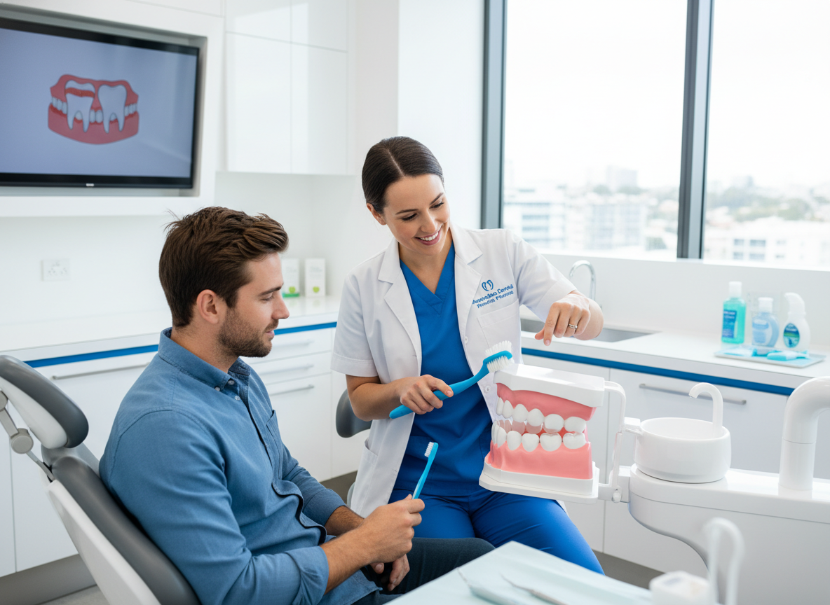 Dental hygienist demonstrating proper brushing technique to patient at My Smile Doctors