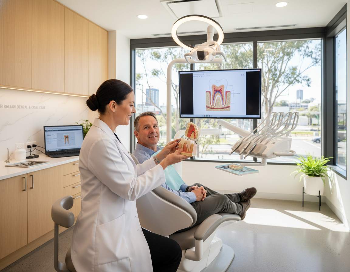 Dentist explaining root canal procedure to patient at My Smile Doctors Parramatta