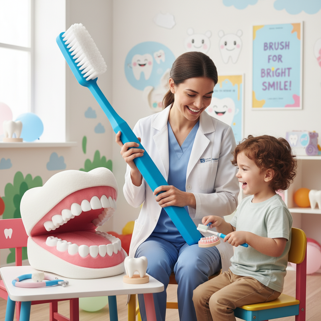 Dentist showing child how to properly brush teeth at My Smile Doctors