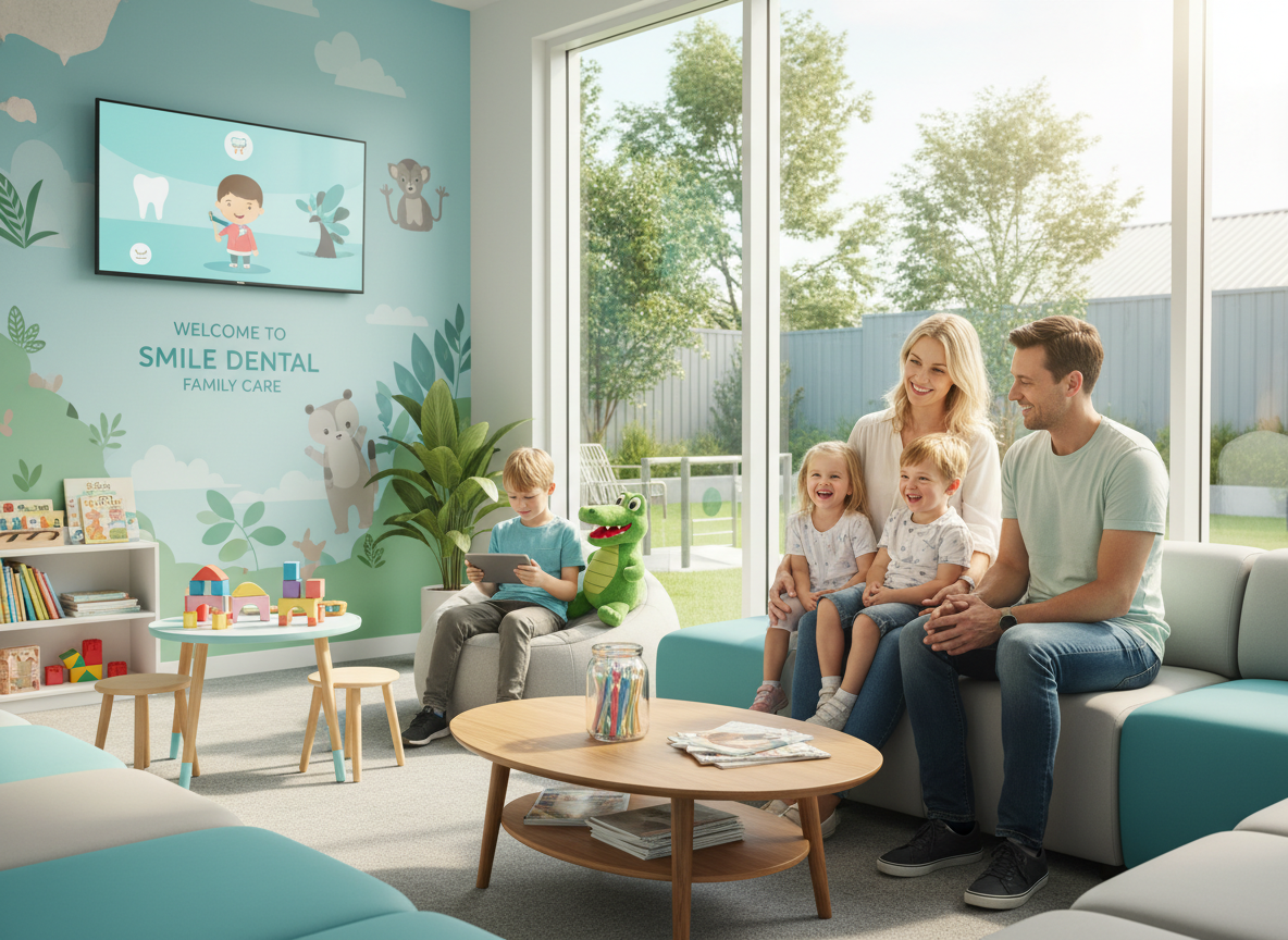 Family together in waiting area at My Smile Doctors Parramatta dental clinic
