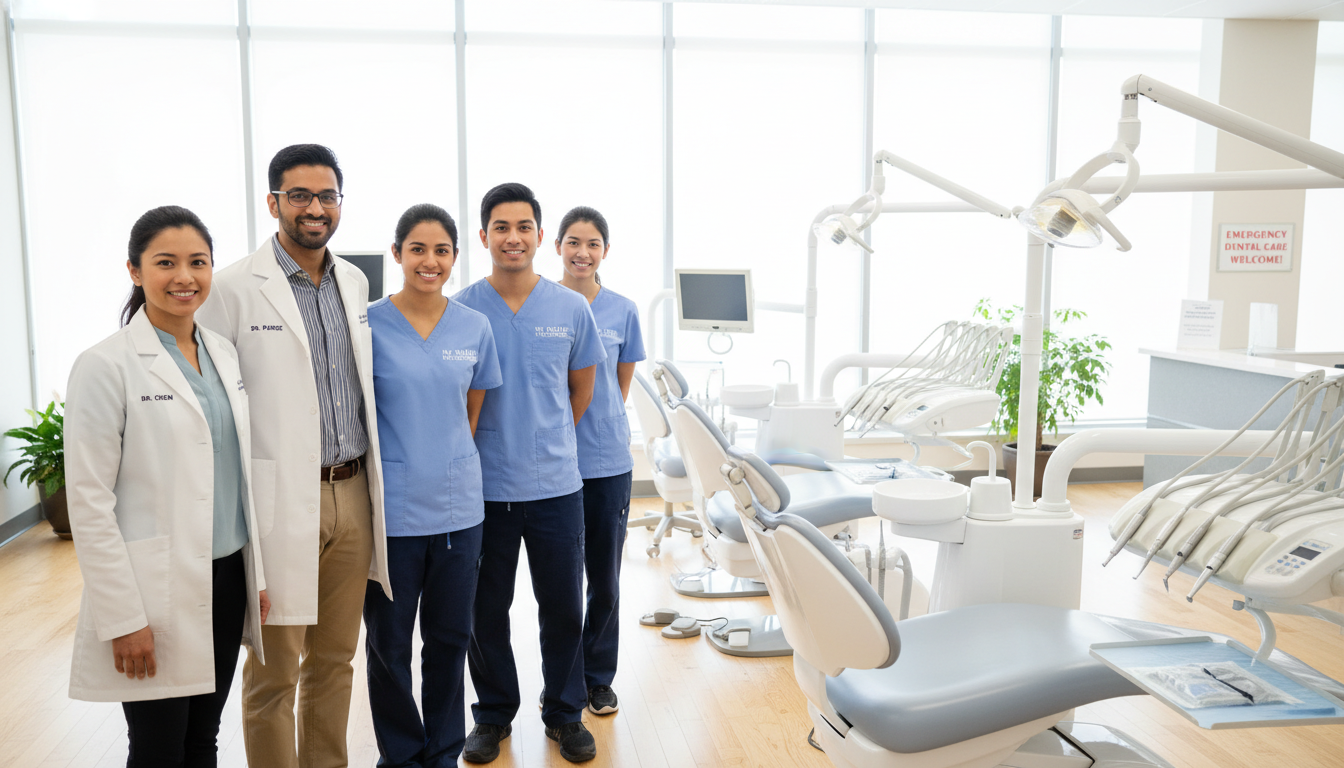 In a bright, welcoming dental clinic environment, the experienced dental team from "my smile doctors" stands together, exuding professionalism and warmth. In the foreground, a diverse group of five smiling dental professionals, including one female dentist with dark hair in a neat ponytail, wearing a white lab coat over casual business attire, one male orthodontist with glasses, and three dental hygienists in light blue scrubs, convey a sense of approachability and expertise. In the middle ground, dental equipment and bright treatment chairs are neatly arranged, emphasizing a clean and organized space. The background features large windows allowing soft, natural light to flood the room, enhancing the cheerful atmosphere. The lighting is bright yet soft, creating a friendly, reassuring mood that invites patients in need of emergency dental care.