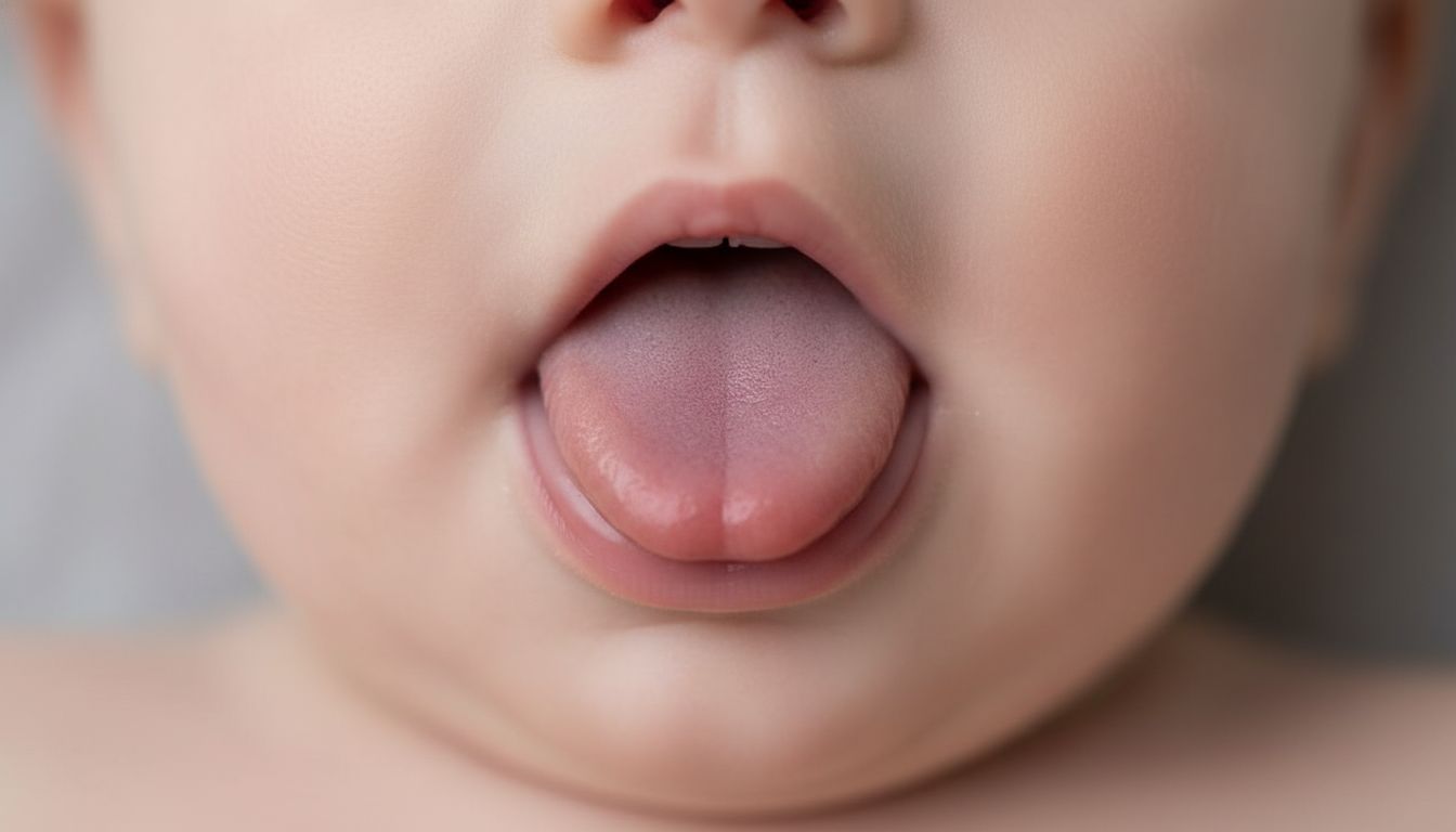Infant showing classic heart-shaped tongue appearance indicating tongue tie
