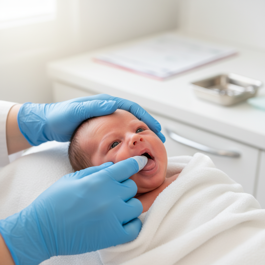 Medical professional examining tongue mobility during tongue tie assessment