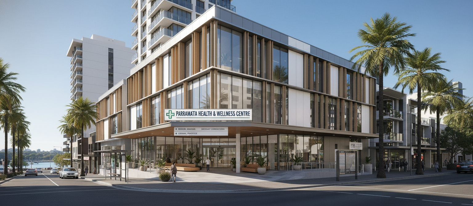 Modern medical clinic exterior in Parramatta Sydney for tongue tie treatment
