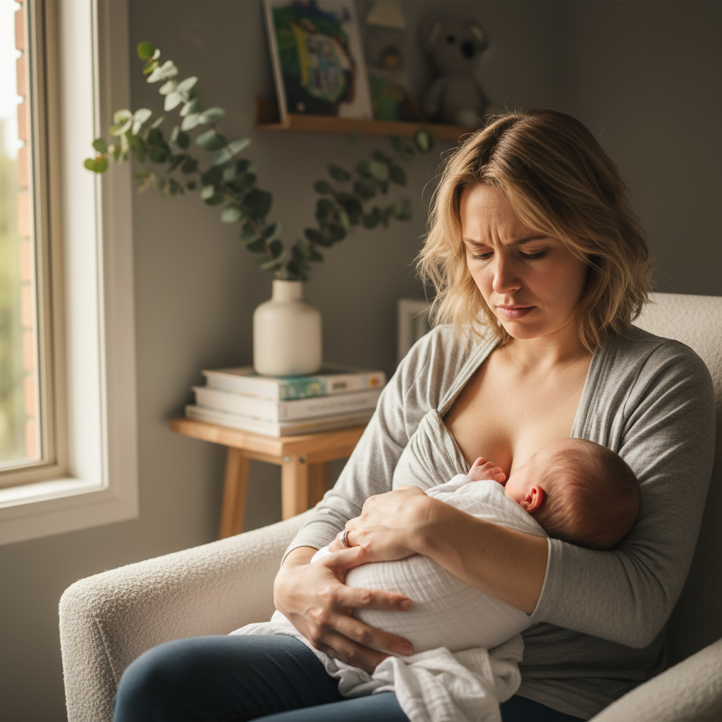 Mother experiencing breastfeeding difficulties with tongue tie baby in Parramatta