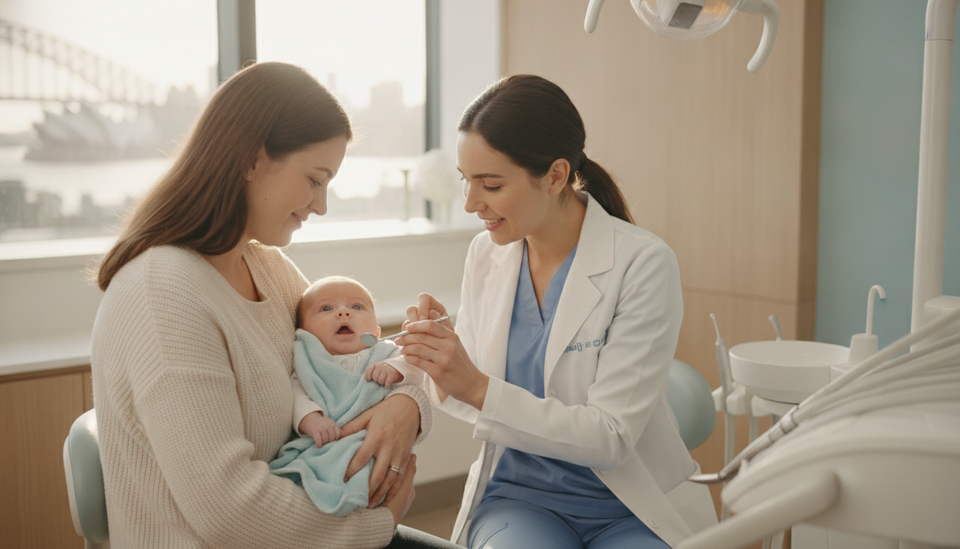 Mother gently examining baby's tongue tie in bright medical consultation room at My Smile Doctors Parramatta