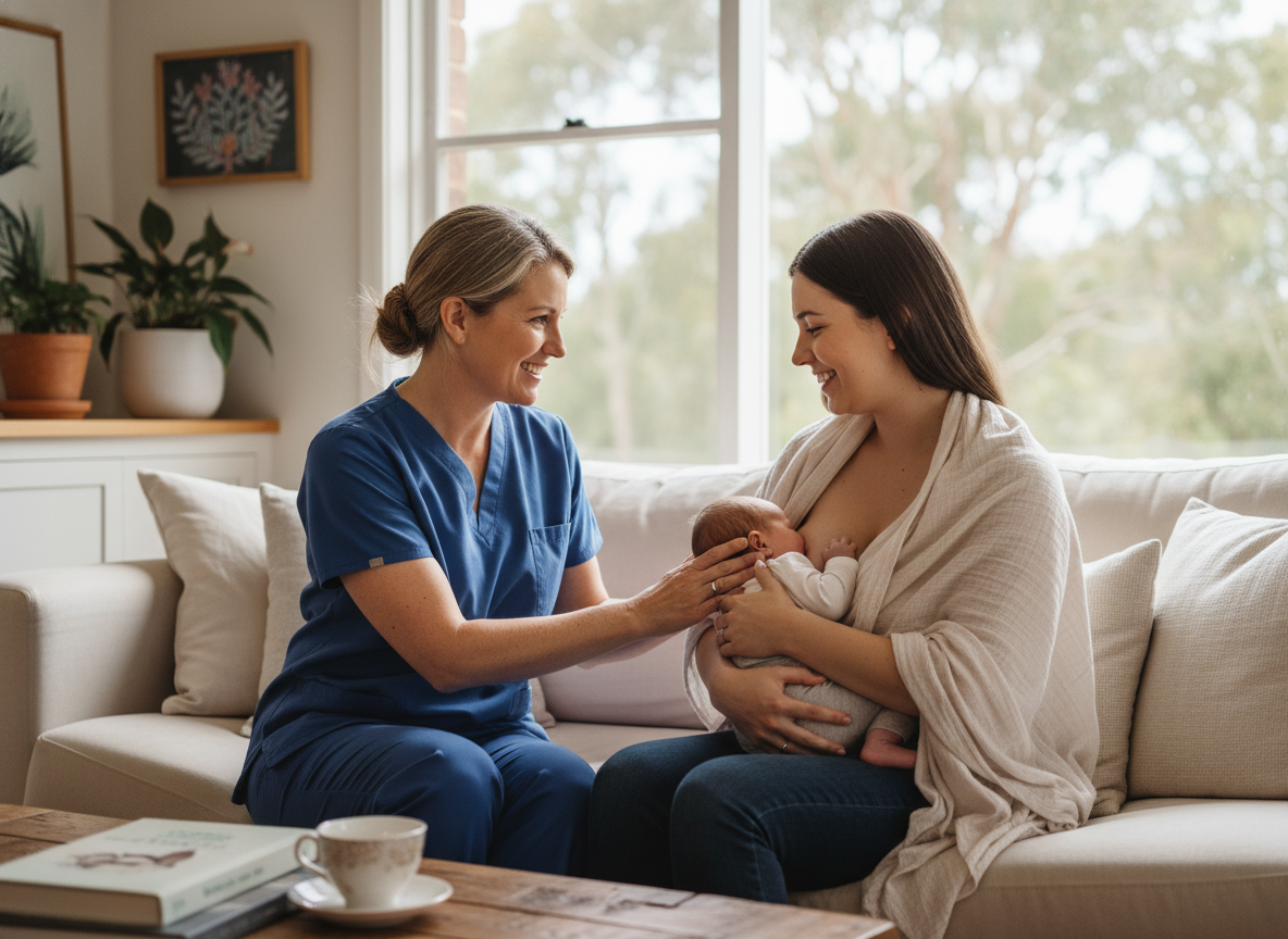 Mother working with lactation consultant on feeding positions for tongue tie baby