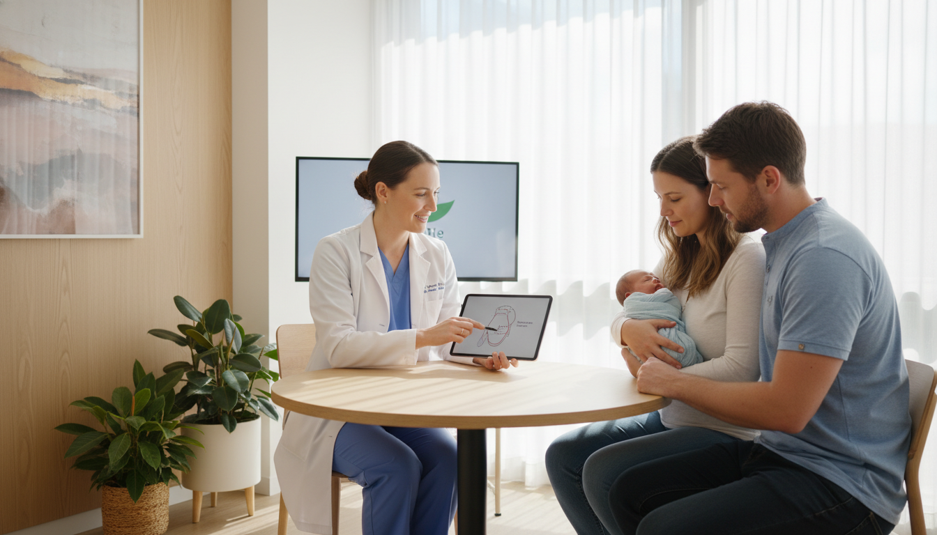 Professional pediatric specialist consulting with parents about tongue tie in Parramatta