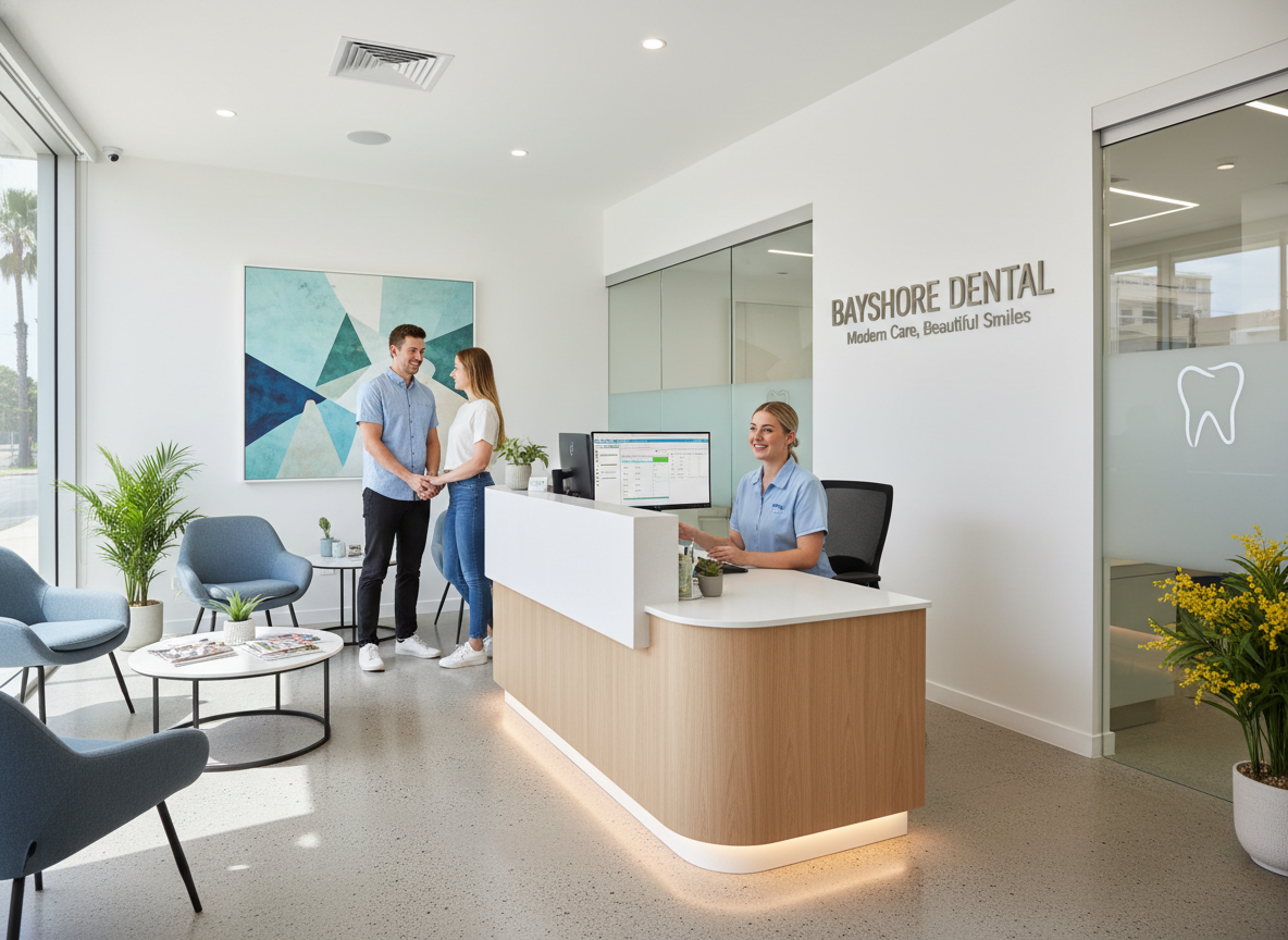 Reception desk at My Smile Doctors showing appointment scheduling system
