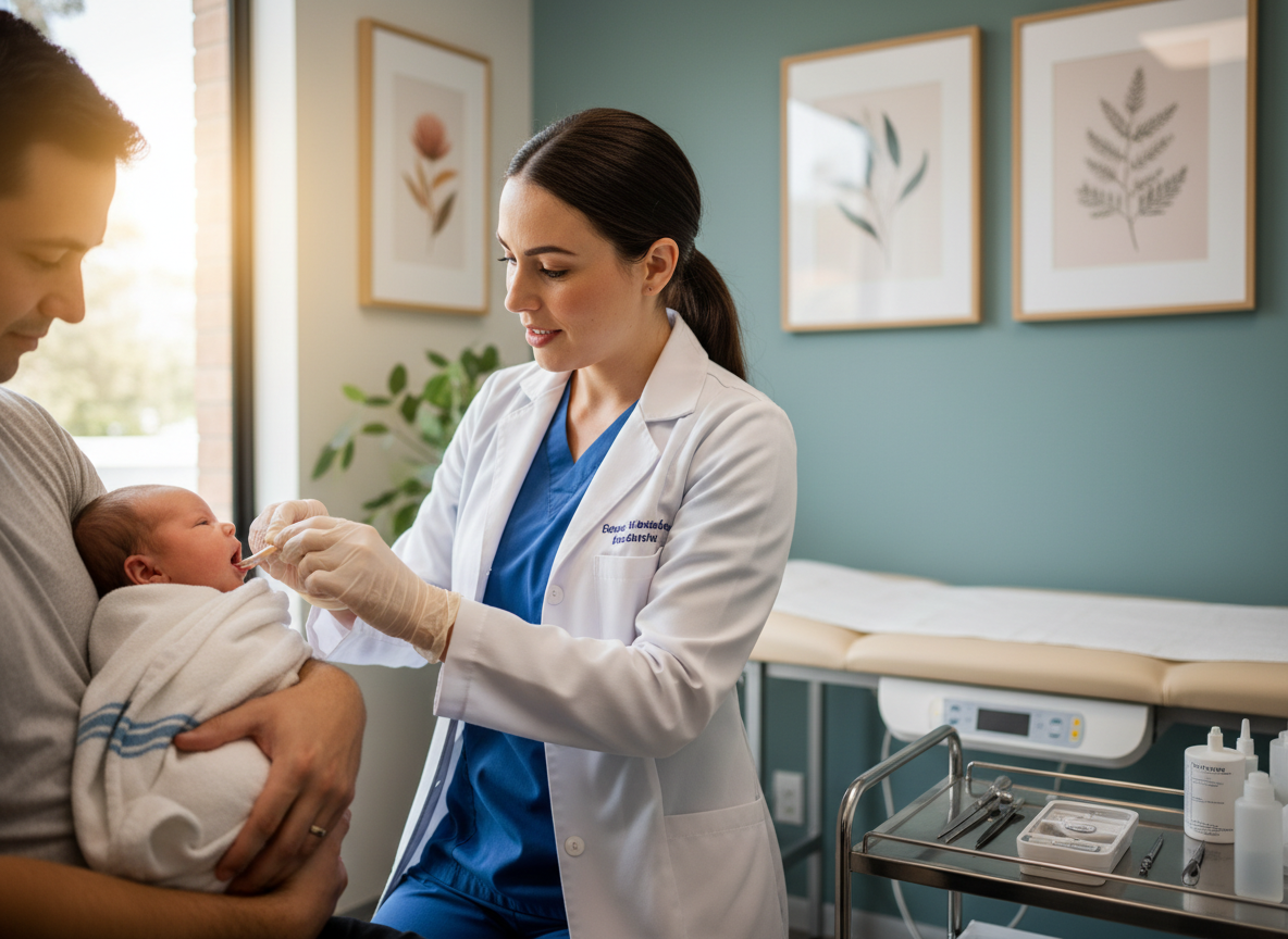 Specialist conducting professional tongue tie assessment on infant in Parramatta clinic
