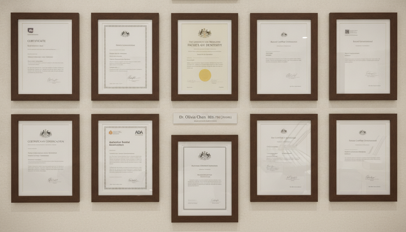 dental certificates and professional qualifications displayed on clinic wall dental certificates and professional qualifications displayed on clinic wall