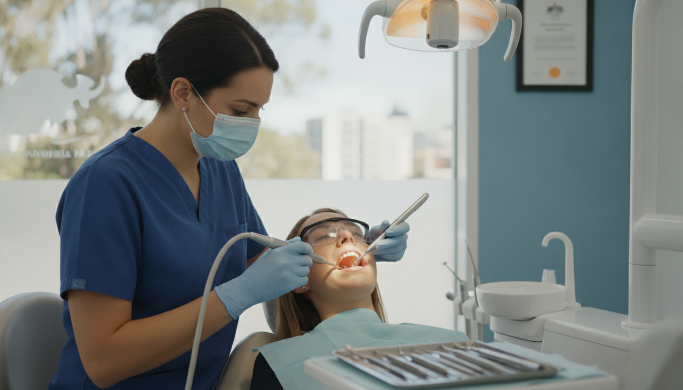 dental hygienist performing professional teeth cleaning dental hygienist performing professional teeth cleaning