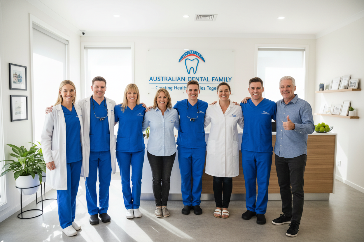 dental team and happy patients together dental team and happy patients together