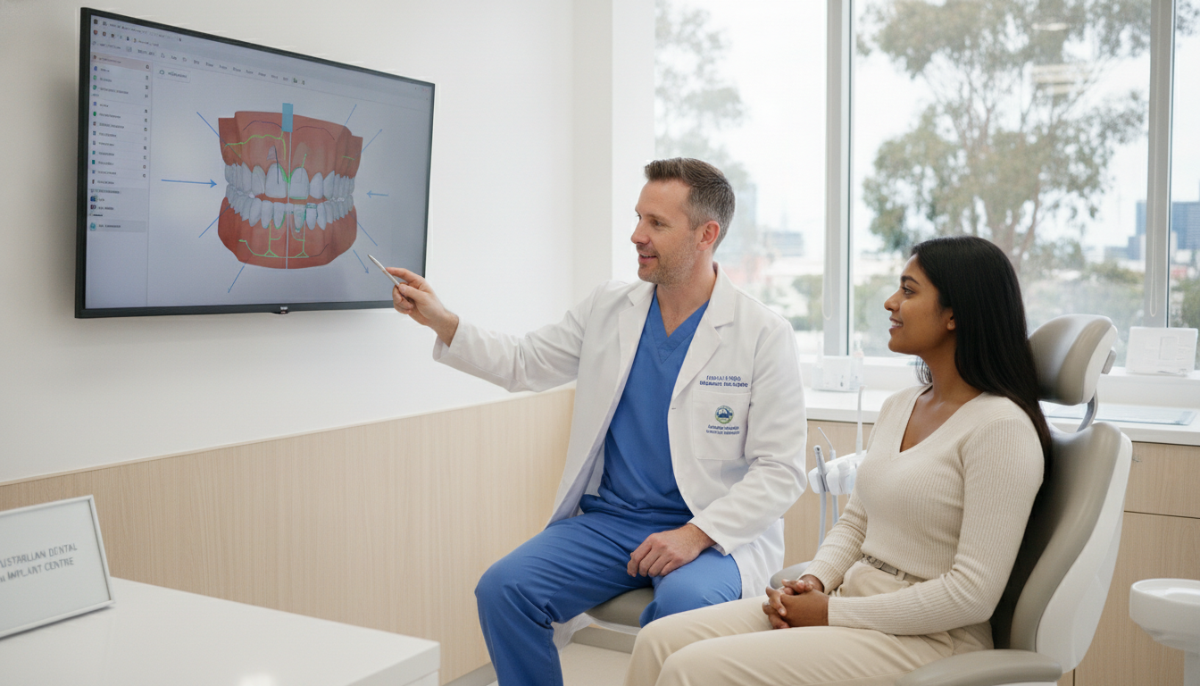 dentist explaining treatment plan to patient using digital screen dentist explaining treatment plan to patient using digital screen