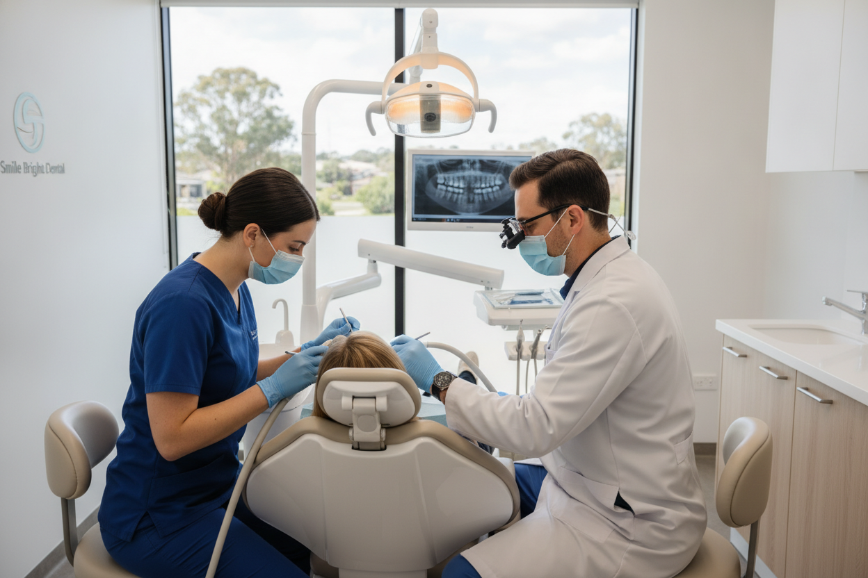 dentist performing dental examination with hygienist assistant dentist performing dental examination with hygienist assistant