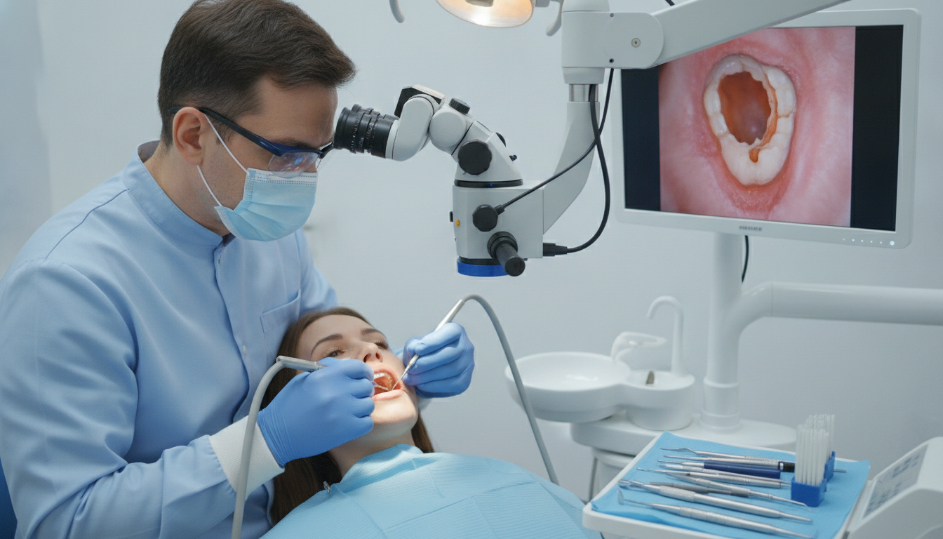dentist performing root canal procedure with dental microscope dentist performing root canal procedure with dental microscope