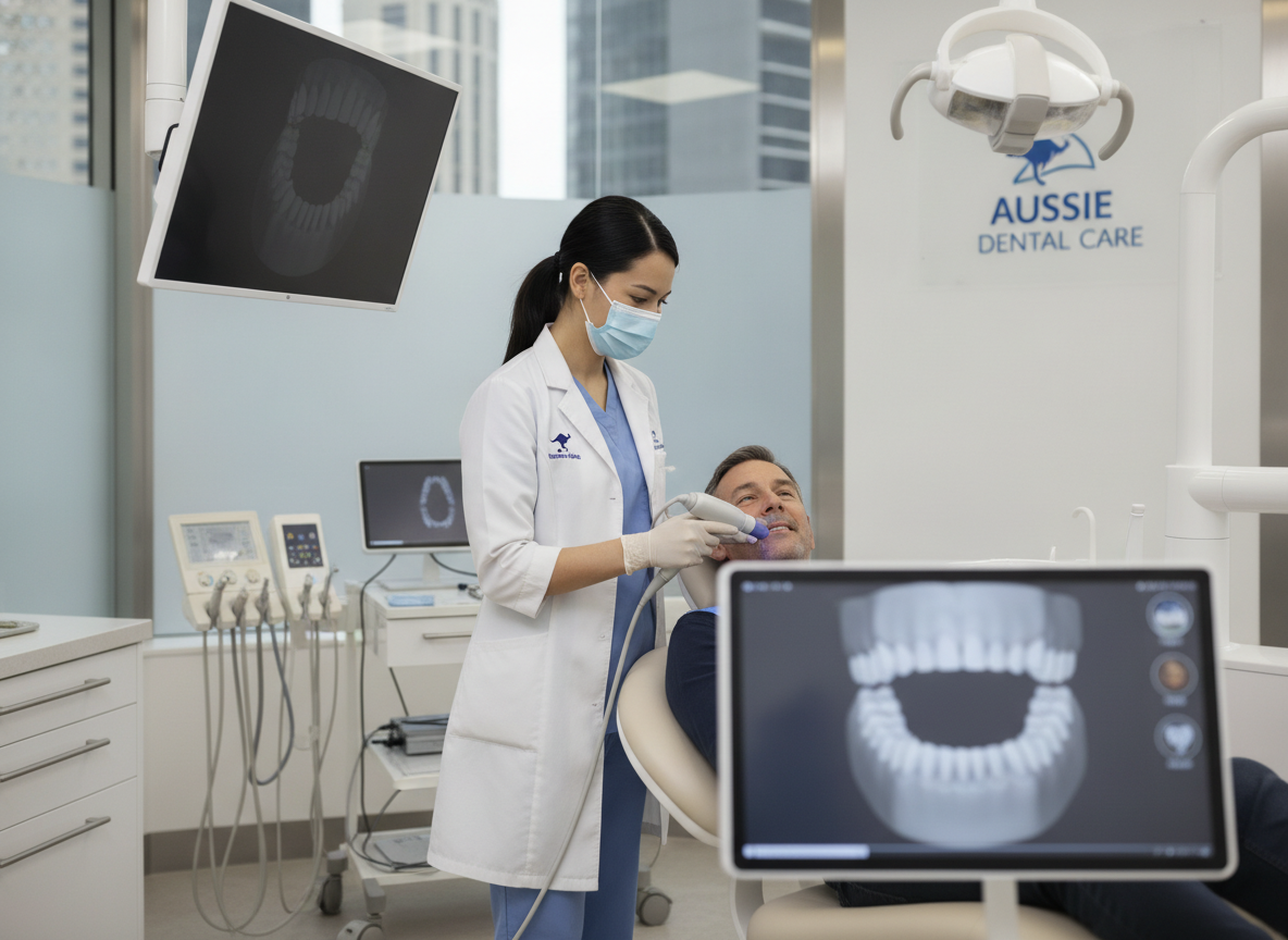 experienced dentist examining patient with modern dental equipment experienced dentist examining patient with modern dental equipment