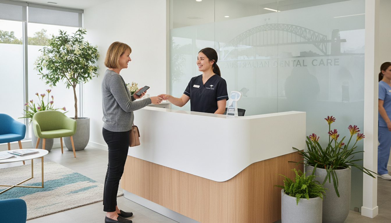 friendly dental receptionist greeting patient at front desk friendly dental receptionist greeting patient at front desk