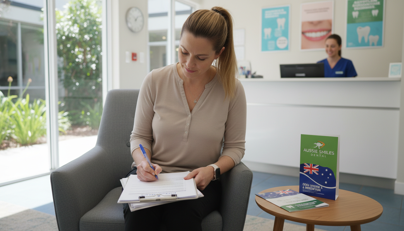 patient completing intake forms before dental appointment patient completing intake forms before dental appointment