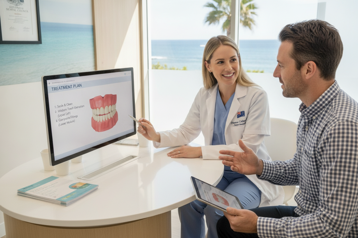 patient consultation with dentist reviewing treatment plan patient consultation with dentist reviewing treatment plan