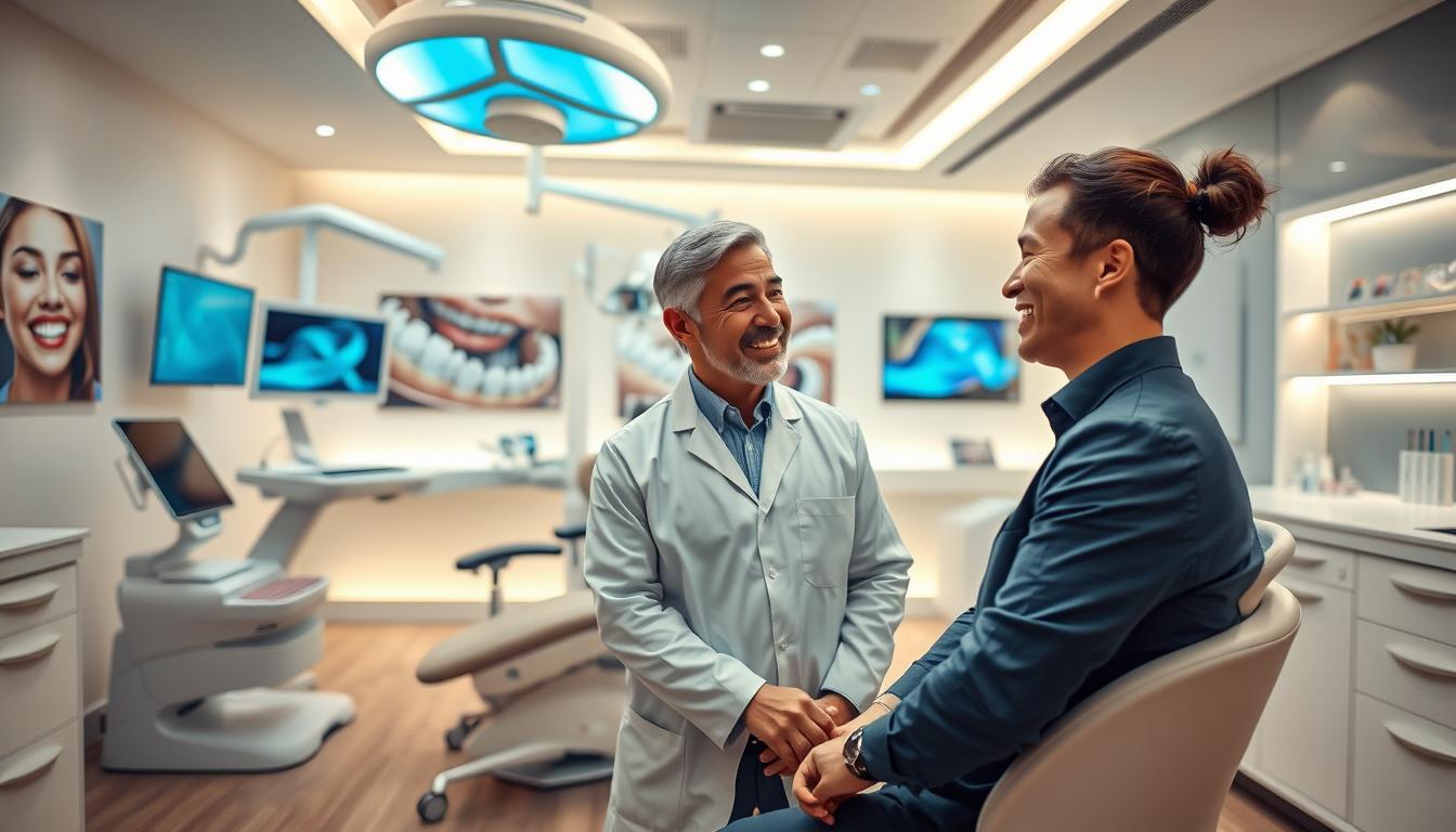 A modern dental clinic setting with advanced technology highlighting the theme of "technology driving better patient outcomes." In the foreground, a dentist in professional attire interacts with a patient, both smiling, showcasing a friendly atmosphere. The middle ground features state-of-the-art dental equipment, such as digital scanners and high-tech chairs, radiating a sense of innovation and comfort. The background includes sleek, well-lit walls with images of healthy smiles and dental hygiene tools neatly organized. Soft, warm lighting creates a welcoming ambiance, evoking trust and professionalism. The angle captures both the interaction and the technological elements, emphasizing a blend of care and cutting-edge advancements in dental health. A modern dental clinic setting with advanced technology highlighting the theme of "technology driving better patient outcomes." In the foreground, a dentist in professional attire interacts with a patient, both smiling, showcasing a friendly atmosphere. The middle ground features state-of-the-art dental equipment, such as digital scanners and high-tech chairs, radiating a sense of innovation and comfort. The background includes sleek, well-lit walls with images of healthy smiles and dental hygiene tools neatly organized. Soft, warm lighting creates a welcoming ambiance, evoking trust and professionalism. The angle captures both the interaction and the technological elements, emphasizing a blend of care and cutting-edge advancements in dental health.