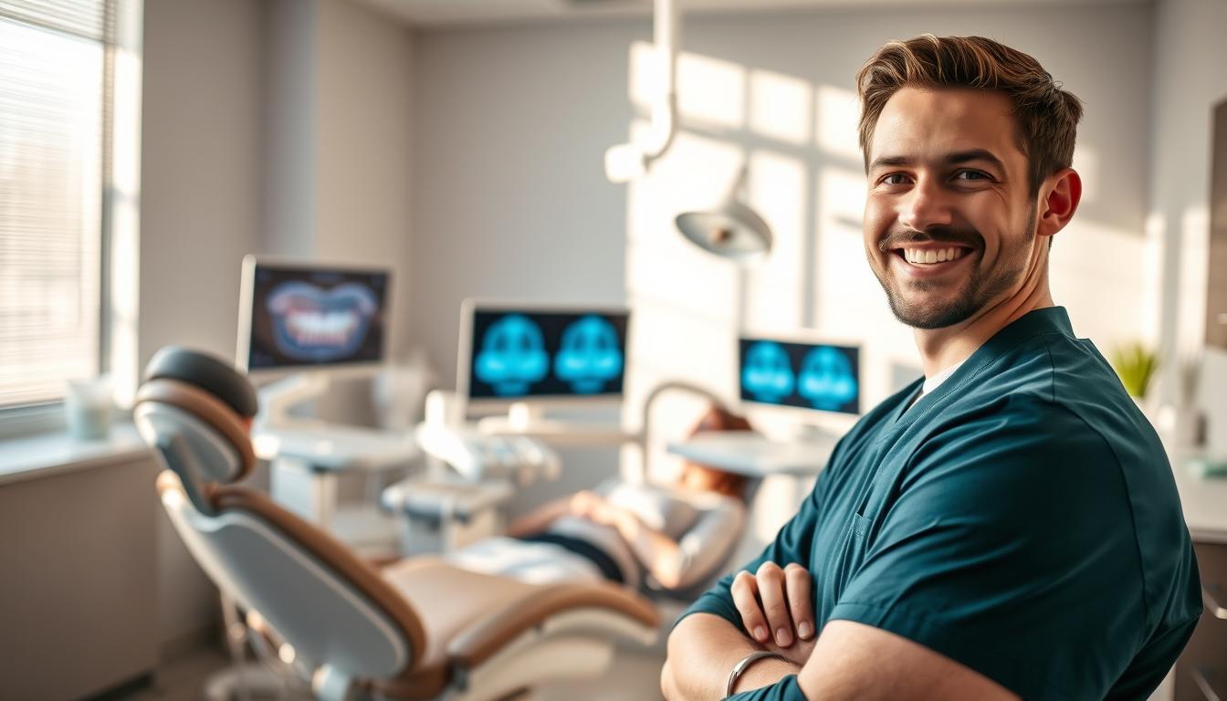 A modern dental office featuring advanced cosmetic dentistry solutions. In the foreground, a smiling dentist in professional attire, showing a friendly demeanor, is consulting with a patient seated in a high-tech dental chair. The middle ground includes sleek dental tools and equipment, highlighting cutting-edge technology like digital imaging screens. The background showcases a bright, well-organized clinic with calming colors and natural light pouring in from large windows. Soft shadows create a warm and welcoming atmosphere. The composition should be captured with a slight tilt-angle perspective to emphasize depth, using soft lighting to enhance the friendly ambiance of the space, evoking trust and comfort in dental care. A modern dental office featuring advanced cosmetic dentistry solutions. In the foreground, a smiling dentist in professional attire, showing a friendly demeanor, is consulting with a patient seated in a high-tech dental chair. The middle ground includes sleek dental tools and equipment, highlighting cutting-edge technology like digital imaging screens. The background showcases a bright, well-organized clinic with calming colors and natural light pouring in from large windows. Soft shadows create a warm and welcoming atmosphere. The composition should be captured with a slight tilt-angle perspective to emphasize depth, using soft lighting to enhance the friendly ambiance of the space, evoking trust and comfort in dental care.