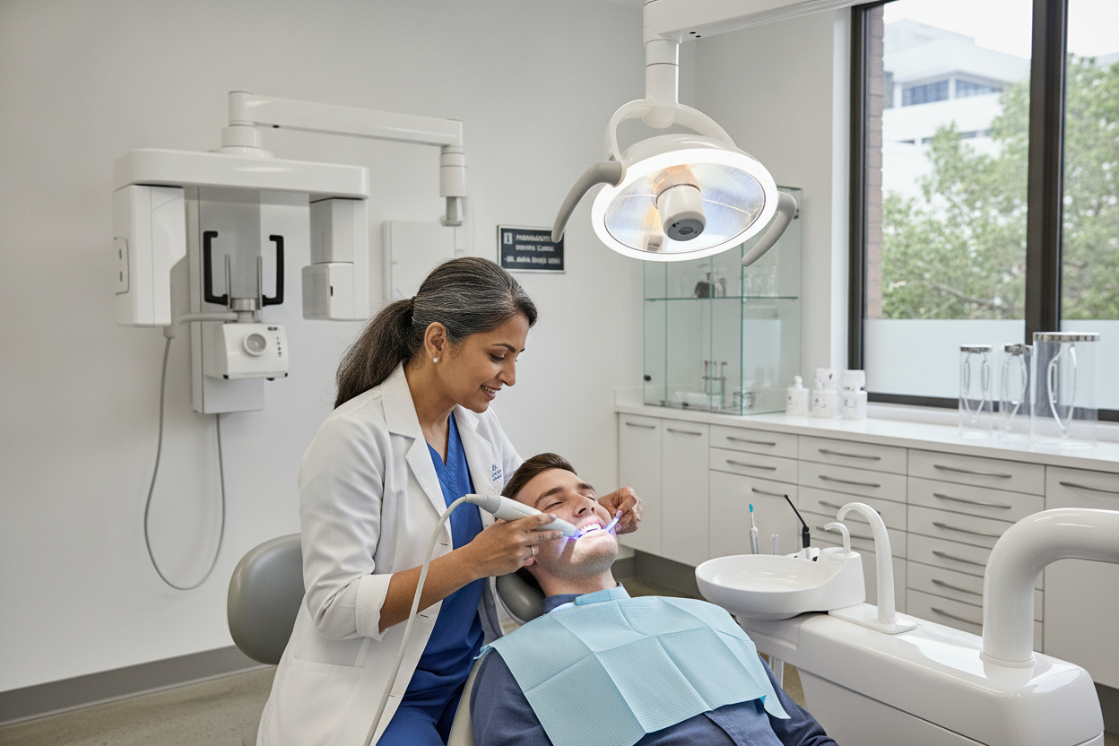 Dentist examining patient's teeth using modern diagnostic equipment in Parramatta practice Dentist examining patient's teeth using modern diagnostic equipment in Parramatta practice