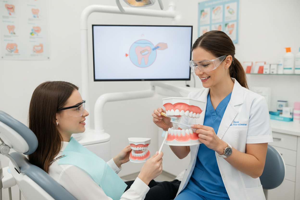 Dentist teaching proper home dental care techniques Dentist teaching proper home dental care techniques
