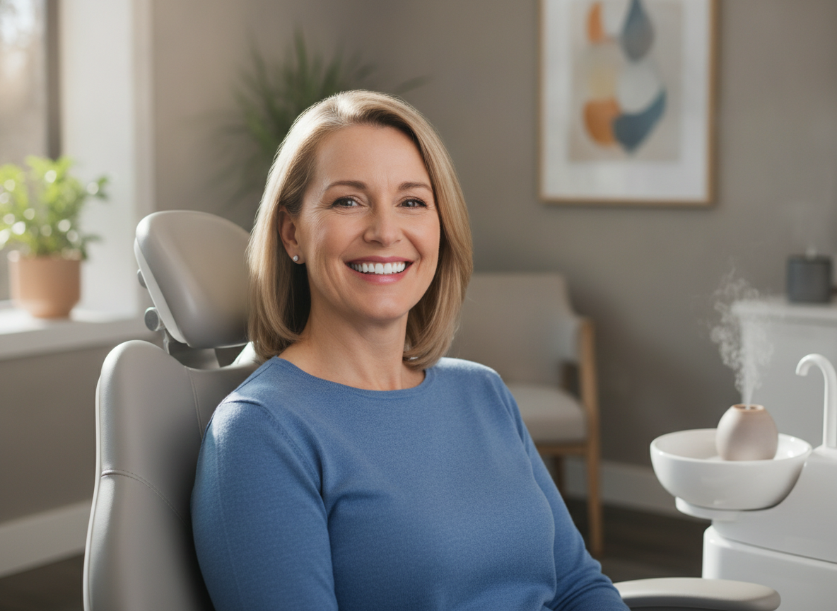 Happy patient smiling after successful dental treatment in Parramatta Happy patient smiling after successful dental treatment in Parramatta
