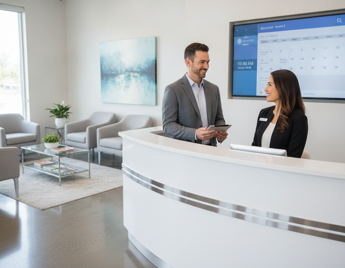 Modern dental clinic reception area in Parramatta with appointment scheduling Modern dental clinic reception area in Parramatta with appointment scheduling