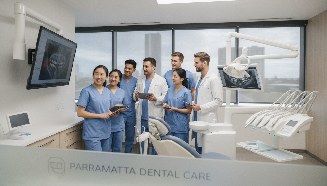 Parramatta dental team reviewing patient care plan together Parramatta dental team reviewing patient care plan together