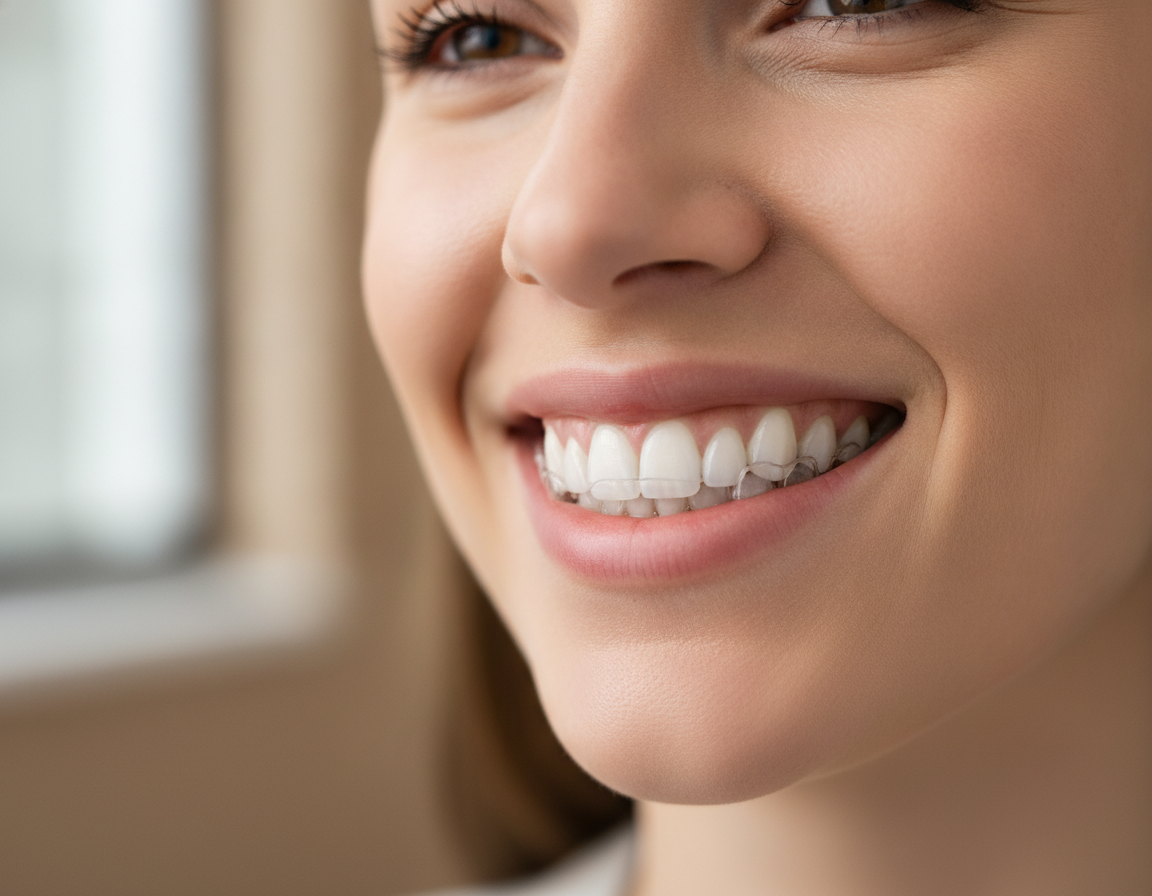 Patient wearing clear aligners showing discreet orthodontic treatment Patient wearing clear aligners showing discreet orthodontic treatment